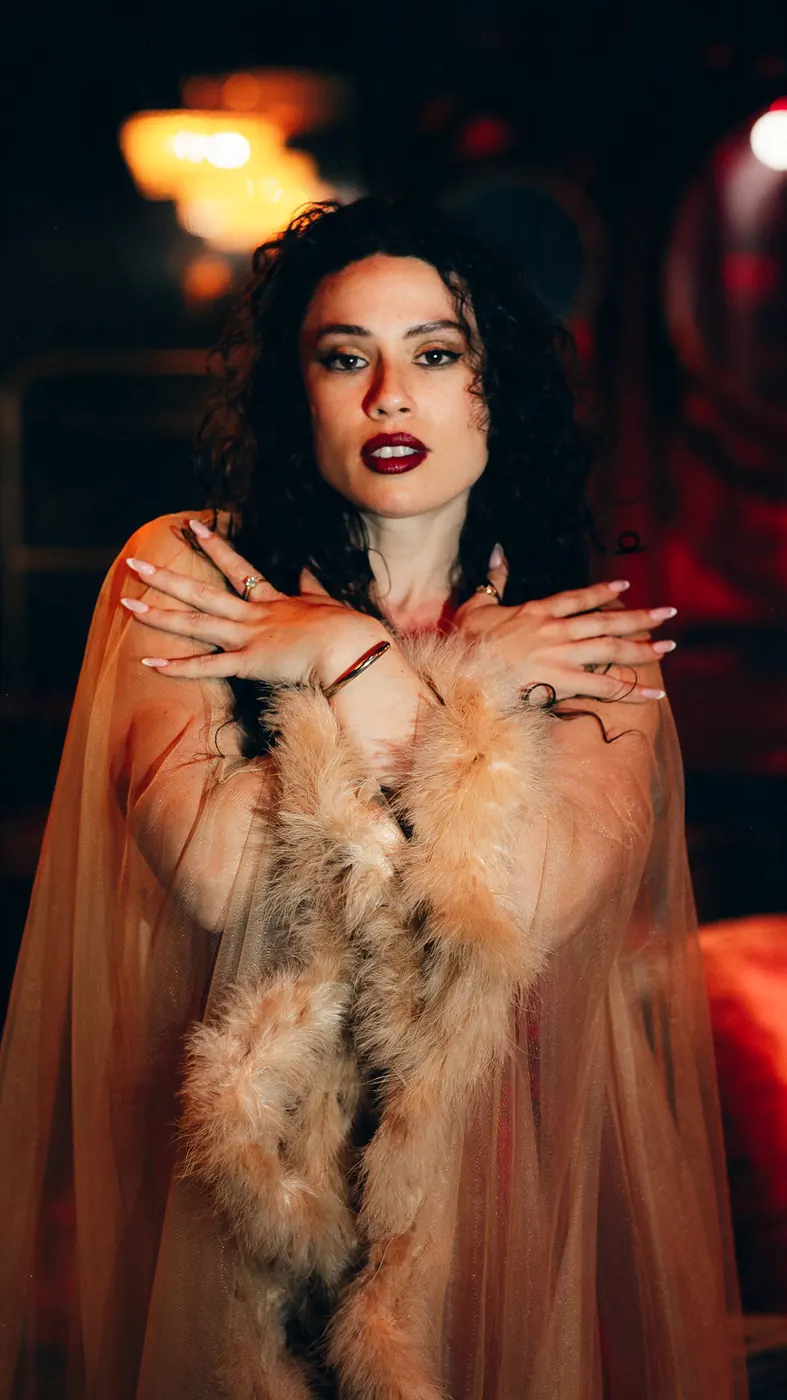 A performer in a sheer robe and feathers, lit in amber